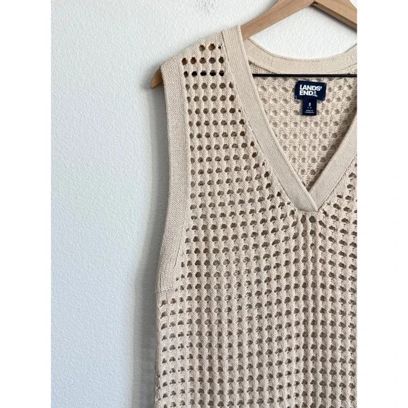 Lands' End Boho Beige Crochet Open Knit V-Neck Sweater Tunic S Coastal Chic Airy - Picture 4 of 9
